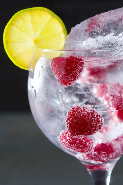 Gin tonic cocktail with raspberry and ice macro closeup — Stock Photo, Image