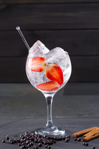 Gin tonic cocktail with strawberries cinnamon and juniper — Stock Photo, Image