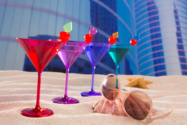 Colorful cocktail in a row with cherry sand in urban city — Stock Photo, Image