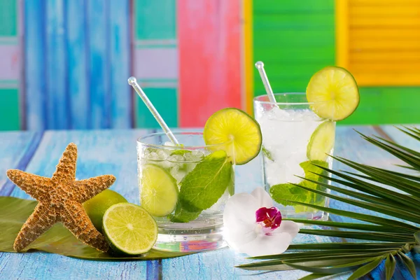 Cocktail cubain Mojito en bois bleu tropical fleurs et étoiles de mer — Photo