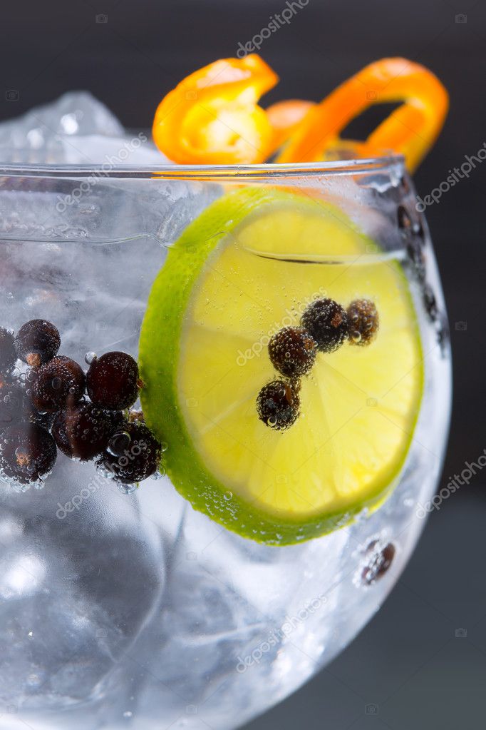 Gin tonic cocktail macro closeup with juniper berries — Stock Photo