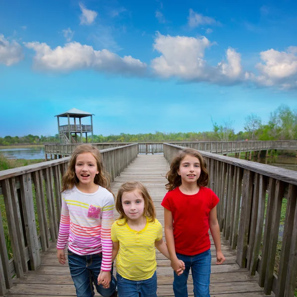 Hermanas amigas caminando cogidas de la mano en la madera del lago —  Fotos de Stock