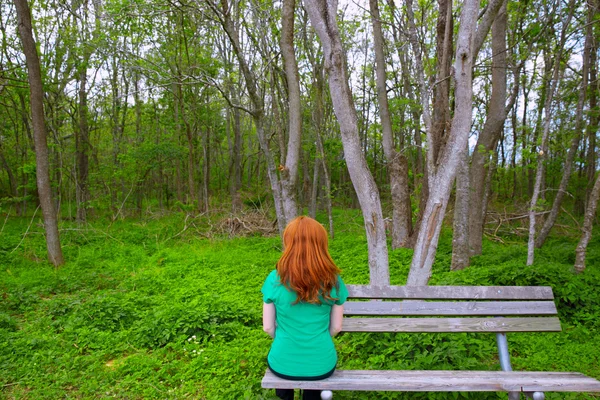 Mulher solitária vista traseira olhando para a floresta sentado no banco — Fotografia de Stock