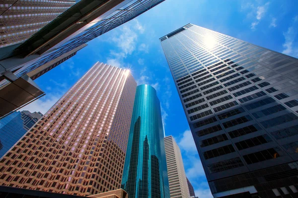 Houston downtown skyscrapers disctict blue sky mirror — Stock Photo, Image