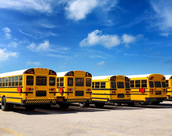 Amerikan okul otobüsü satır mavi gökyüzü altında — Stok fotoğraf