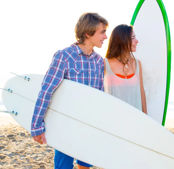 Teenager surfers boys and girls group happy — Stock Photo, Image