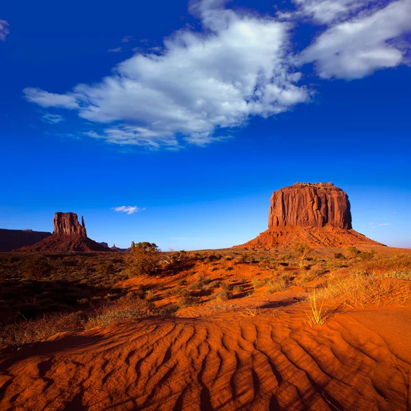Památník západ rukavice a merrick butte pouštní duny písku údolí — Stock fotografie