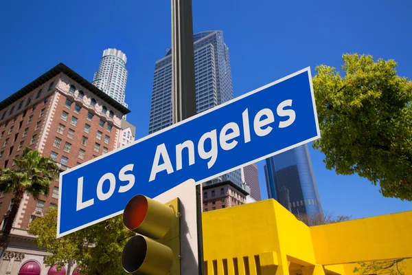 LA Los Angeles sign in redlight photo mount on downtown — Stock Photo, Image