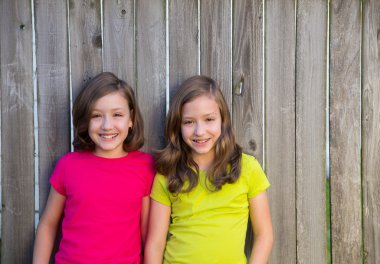 Twin sisters with different hairstyle posing on wood fence clipart
