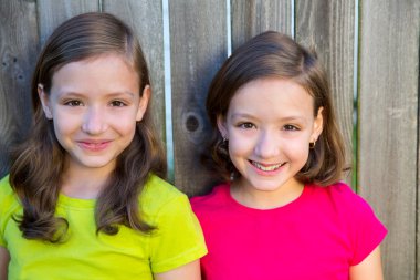 Happy twin sisters smiling on wood backyard fence clipart