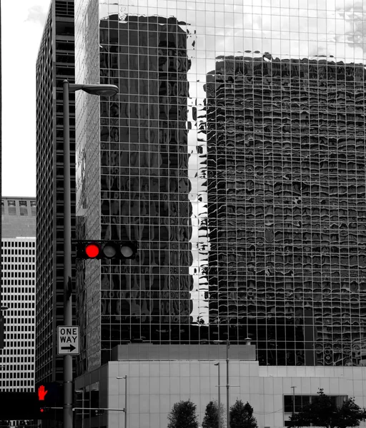 Black and white Houston Texas downtown mirror buildings