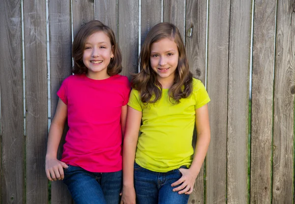 Сестры-близнецы с различными прическами, позирующие на деревянном заборе — стоковое фото
