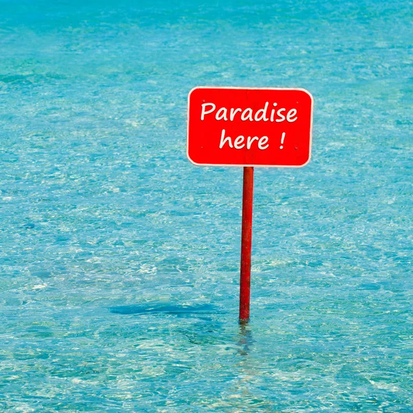 Turquoise tropical sea with red sign saying Paradise here — Stock Photo, Image