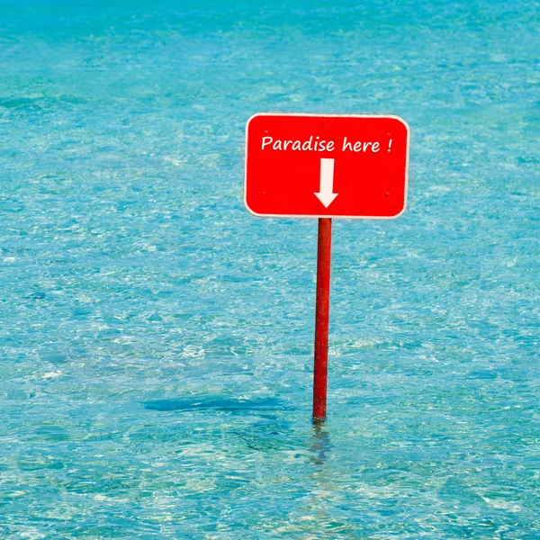 Mar tropical turquesa com sinal vermelho dizendo Paraíso aqui — Fotografia de Stock