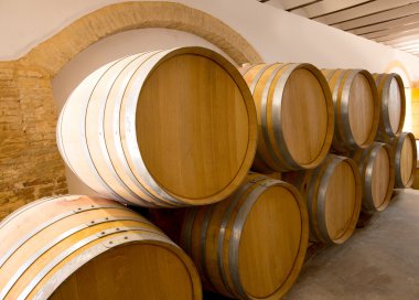 şarap ahşap meşe fıçıları şaraphane, üst üste yığılmış