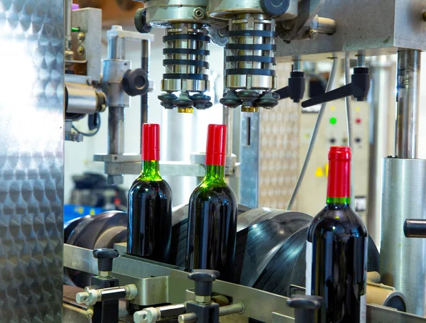 Vino tinto en embotelladora en bodega — Foto de Stock