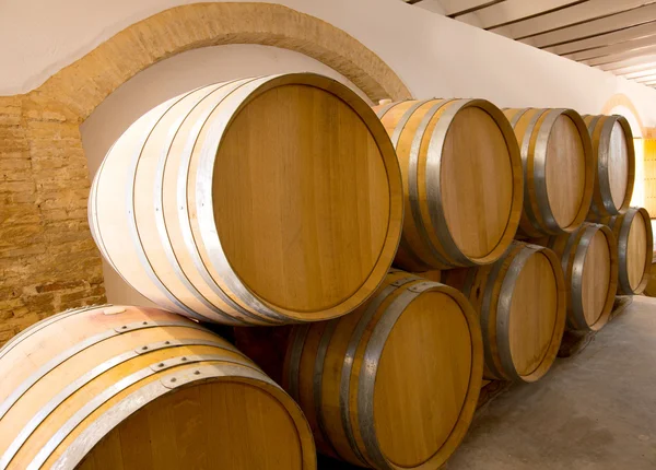 Vino barricas de roble de madera apiladas en una fila en la bodega — Foto de Stock