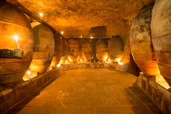 Antika vingård i Spanien med lerkrukor Amfora — Stockfoto