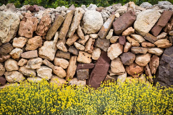 Mauerwerk Steinmauer im Frühling mit Blumen Menorca — Stockfoto