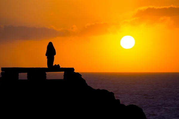 Ciutadella Menorca at Punta Nati sunset with girl — Stock Photo, Image