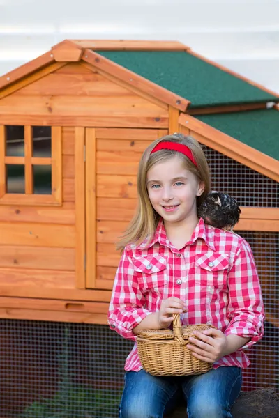 Breeder hens kid girl rancher farmer with chicks in chicken coop — Stock Photo, Image