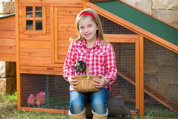 Hodowcy kur dziecko dziewczynka Farmer rolnik z piskląt w kurniku — Zdjęcie stockowe