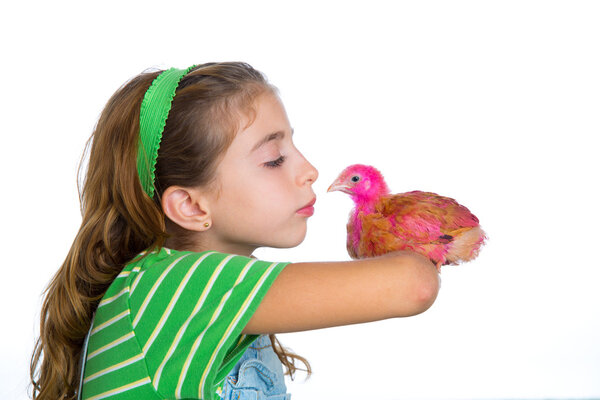 breeder hens kid girl rancher farmer kissing a chicken chick