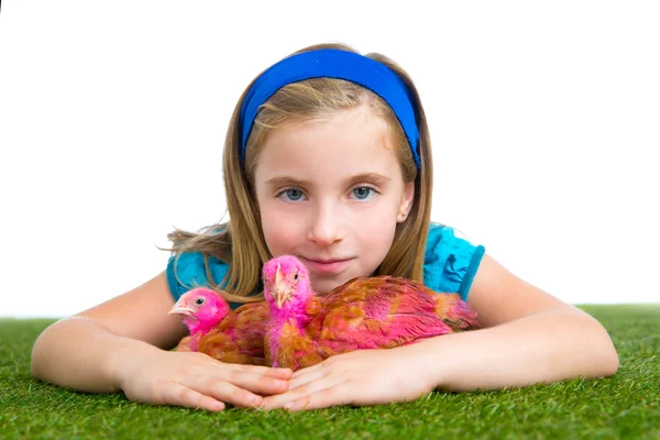 Breeder hens kid girl rancher farmer hug chicken chick — Stock Photo, Image