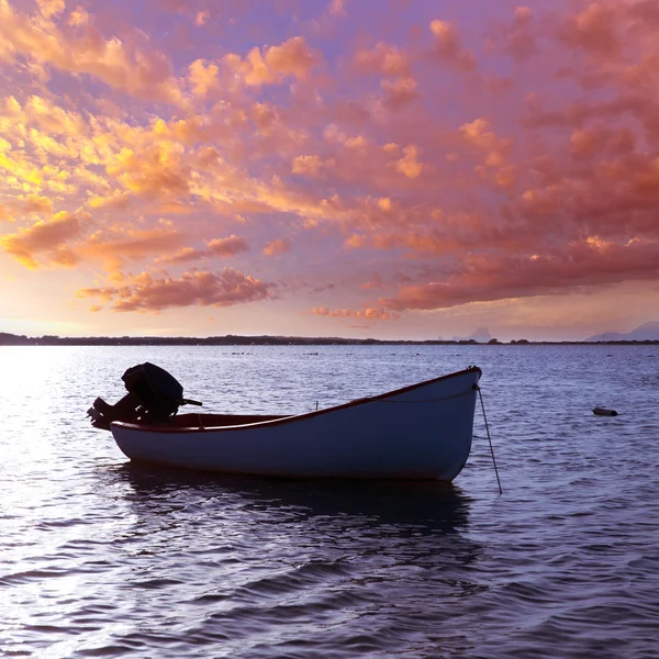 Boat sunset Estany des Peix in Formentera Balearic Island — Stock Photo, Image