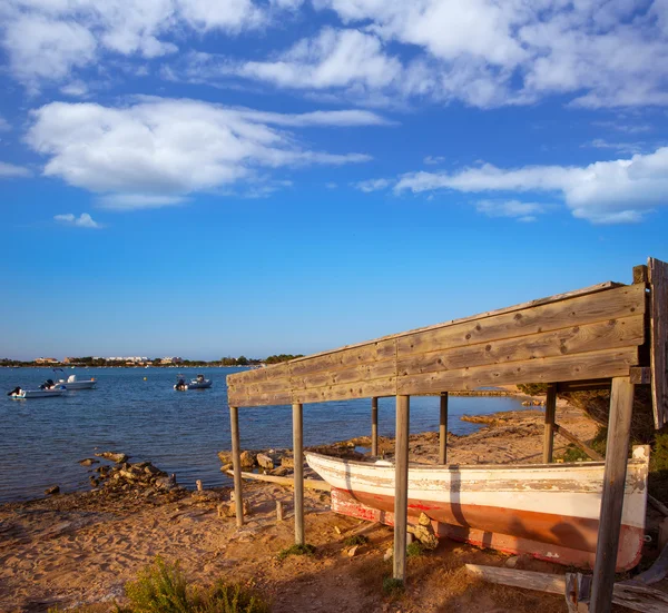 Beached boat in Estany des Peix at Formentera Balearic — Stock Photo, Image