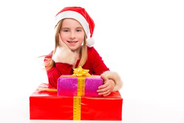 Şerit hediyeler Noel Noel Baba çocuğun kız mutlu heyecanlı
