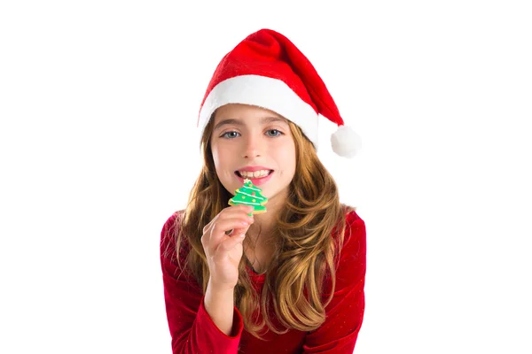 Christmas kid girl Xmas tree cookie isolated on white — Stock Photo, Image