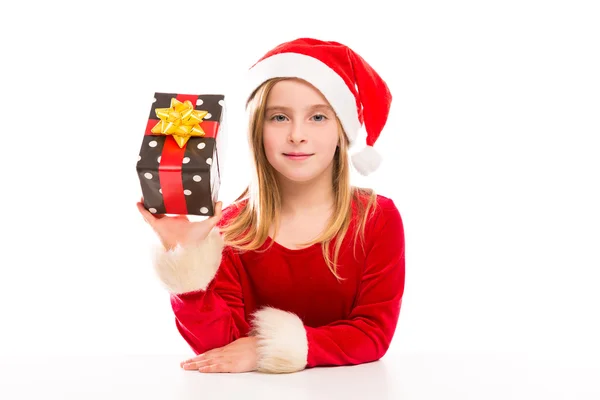 Navidad Santa niña feliz emocionado con regalo de cinta —  Fotos de Stock