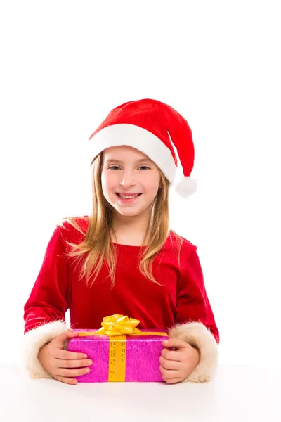 Christmas Santa kid girl happy excited with ribbon gift — Stock Photo, Image