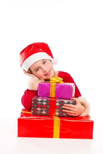 Navidad Santa niña feliz emocionado con regalos de cinta —  Fotos de Stock