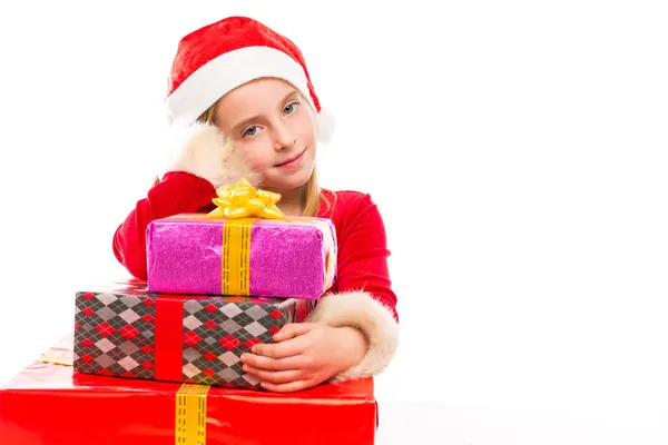Christmas santa jongen meisje gelukkig opgewonden met lint geschenken — Stockfoto