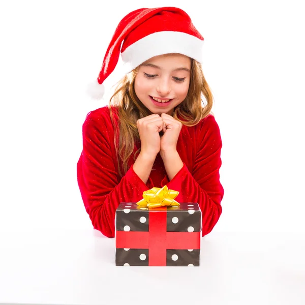 Christmas Santa kid girl happy excited with ribbon gift — Stock Photo, Image