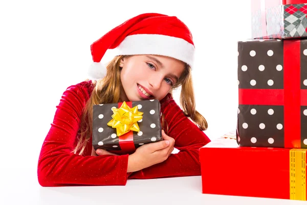 Natale Babbo Natale bambina felice eccitato con i regali del nastro — Foto Stock