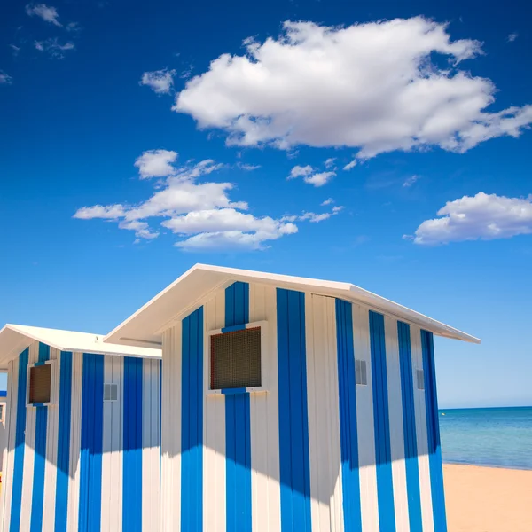 Beach houses in Alicante Denia blue and white stripes — Stock Photo, Image