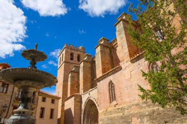 Mora de Rubielos Teruel church with fountain Spain clipart