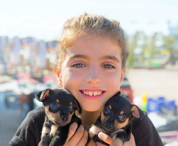 Niña jugando con perros cachorro sonriendo —  Fotos de Stock