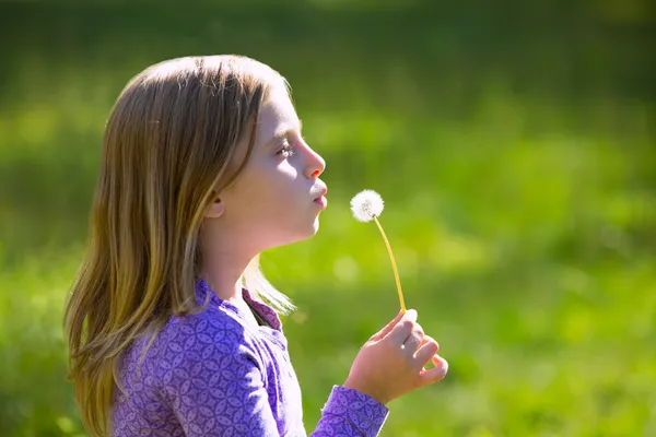 Rubia niña soplando flor de diente de león en prado verde —  Fotos de Stock