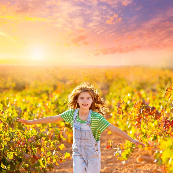 Gyerek farmer lány fut vineyard területen ősszel — Stock Fotó