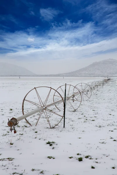 Cereal fields with irrigation wheels with snow in Nevada — Stock Photo, Image