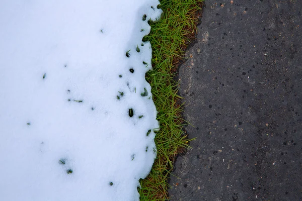 Neve in strada con linea erba tappeto erboso — Foto Stock