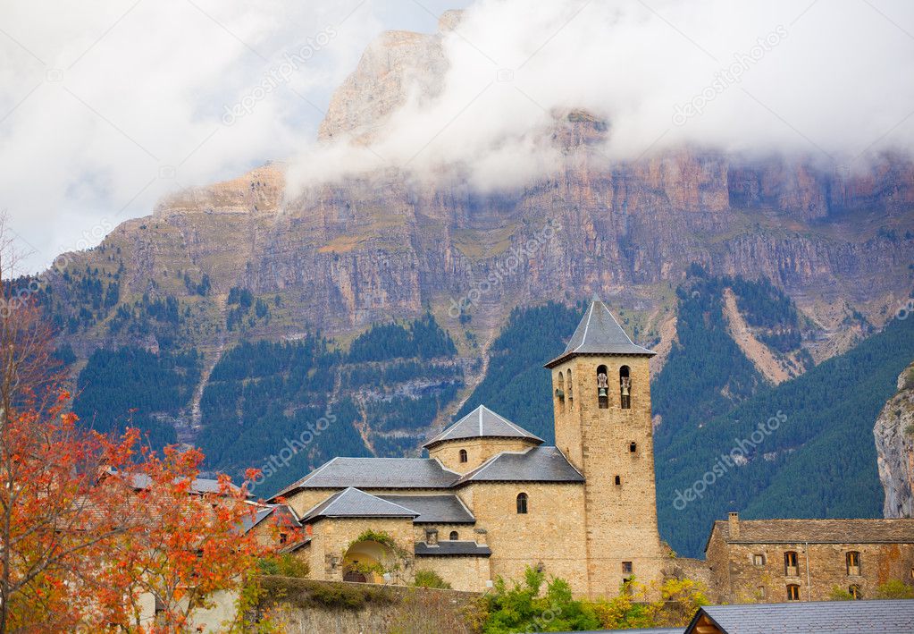 Torla Church in Pyrenees Ordesa Valley at Aragon Huesca Spain