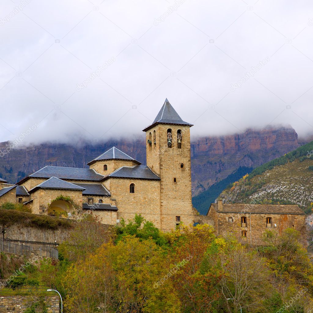 Torla Church in Pyrenees Ordesa Valley at Aragon Huesca Spain