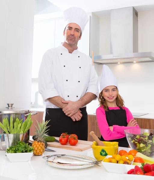 Chef master and junior pupil kid girl at cooking school — Stock Photo, Image