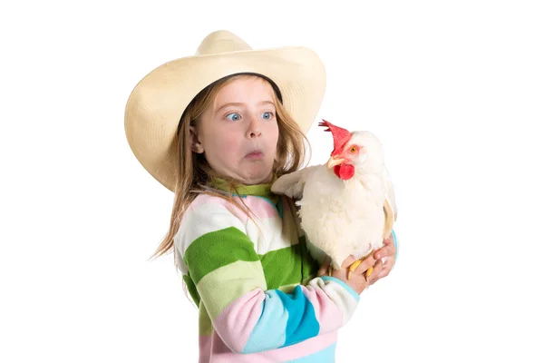Funny kid girl expression surprised gesture scared of hen — Stock Photo, Image