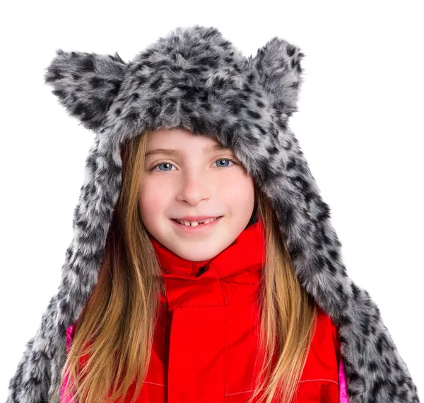 Blond kid girl with winter gray feline fur scarf hat in white — Stock Photo, Image